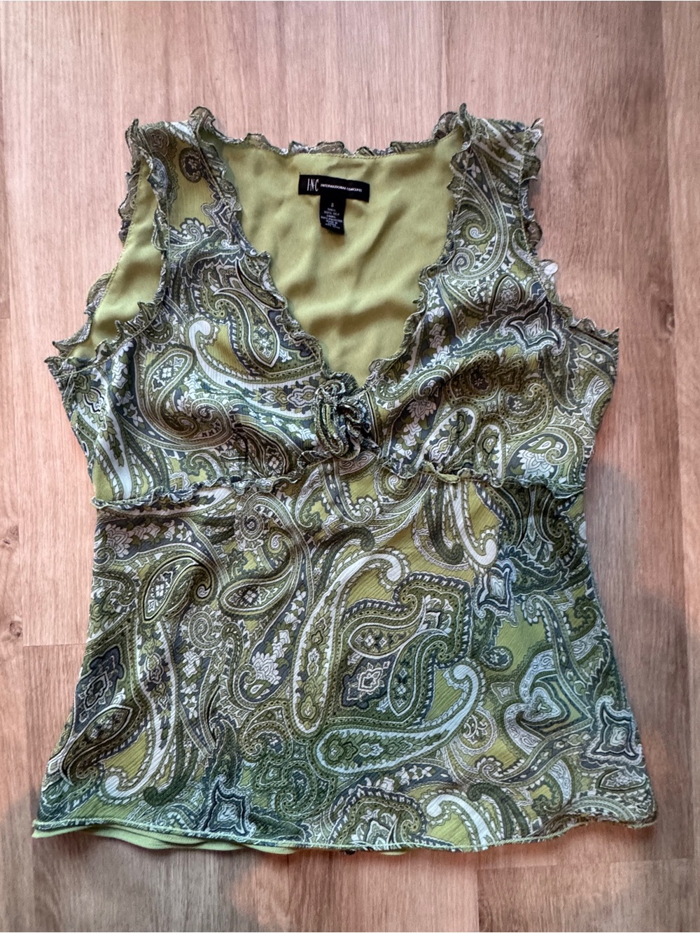 INC International Concepts 100% Silk Green Paisley Sleeveless Y2K Top Sz 8